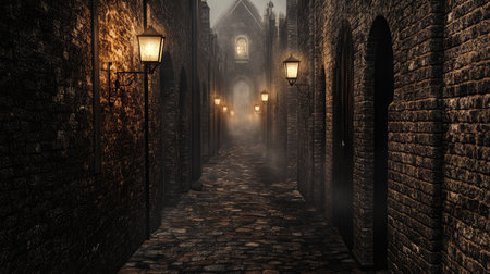 A cobblestone alleyway in a foggy, old town, illuminated by flickering lanterns and lined with ominous, shadowy doorways.の素材