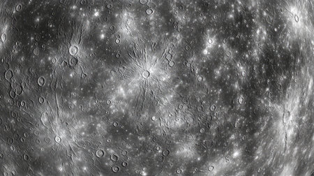 A close-up of Mercury's heavily cratered surface, highlighting its resemblance to Earth's Moon with its rugged terrain and lack of atmosphere.の素材