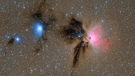 A high-definition image of the Trifid Nebula, showcasing its tri-colored regions of red, blue, and dark nebulosity in stunning contrast.の素材