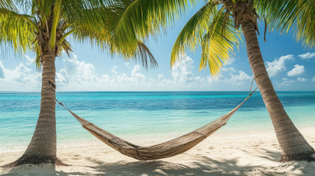A hammock strung between two palm trees on a tropical beach, overlooking calm turquoise waters under a clear blue sky, inviting relaxation.の素材