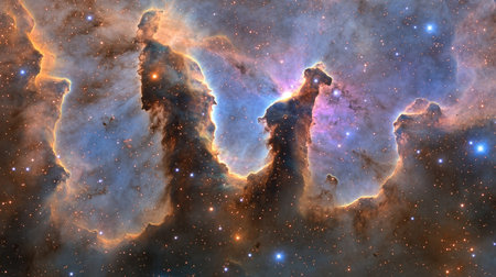 A panoramic view of the Pillars of Creation within the Eagle Nebula, showcasing towering columns of interstellar gas and dust bathed in starlight.の素材