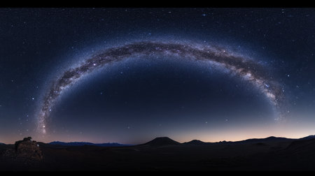 A high-resolution image of the Milky Way galaxy stretching across a clear night sky, with countless stars forming a luminous band over a dark horizon.の素材