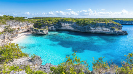 A panoramic view of a secluded cove, with rugged cliffs framing a tranquil beach and azure waters gently lapping at the shore.の素材