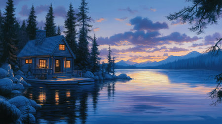 A serene anime-inspired depiction of a lakeside cabin at dusk, with calm waters reflecting the colors of the sunset and a cozy ambiance.の素材