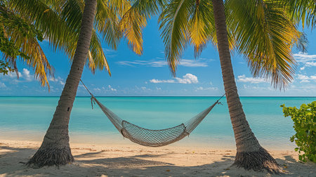 A hammock strung between two palm trees on a tropical beach, overlooking calm turquoise waters under a clear blue sky, inviting relaxation.の素材