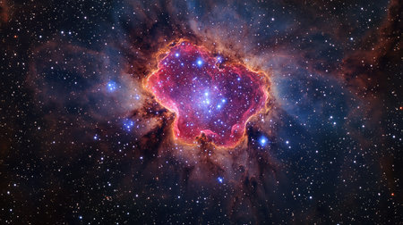 A high-definition image of the Rosette Nebula, showcasing its floral-like structure formed by clusters of young, hot stars illuminating surrounding gas.の素材