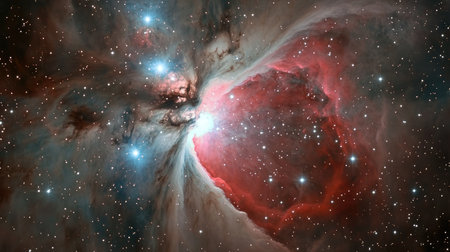 A high-resolution image of the Orion Nebula, showcasing its vibrant colors and swirling clouds of gas illuminated by young stars.の素材