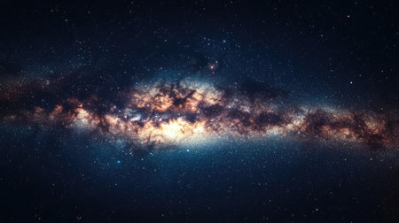 A high-resolution image of the Milky Way galaxy stretching across a clear night sky, with countless stars forming a luminous band over a dark horizon.の素材