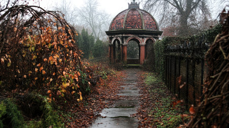 A haunted, overgrown garden with twisted, thorny vines and shadowy pathways leading to an ominous, crumbling gazebo.の素材