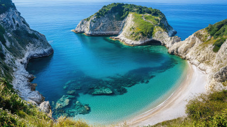A panoramic view of a secluded cove, with rugged cliffs framing a tranquil beach and azure waters gently lapping at the shore.の素材