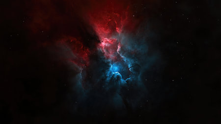 A high-definition image of the Trifid Nebula, showcasing its tri-colored regions of red, blue, and dark nebulosity in stunning contrast.の素材