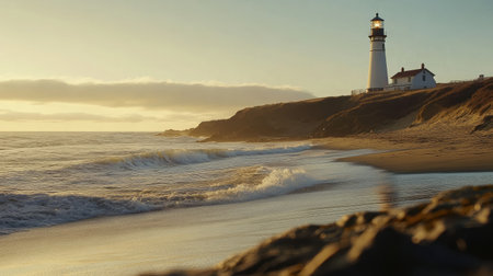 A picturesque view of a lighthouse perched on a rocky coastline, overlooking a serene beach with waves gently crashing against the shore.の素材