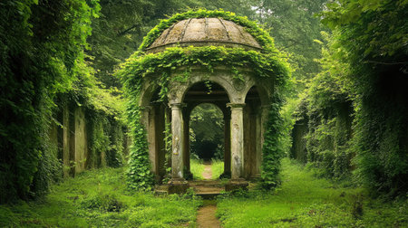 A haunted, overgrown garden with twisted, thorny vines and shadowy pathways leading to an ominous, crumbling gazebo.の素材