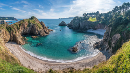 A panoramic view of a secluded cove, with rugged cliffs framing a tranquil beach and azure waters gently lapping at the shore.の素材