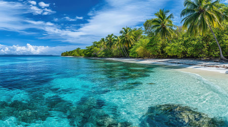 A panoramic view of a tropical beach with crystal-clear waters, white sandy shores, and lush palm trees swaying in the gentle breeze.の素材