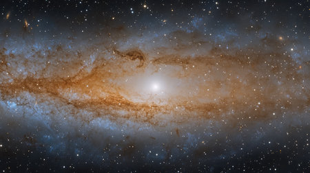 A panoramic view of the Sombrero Galaxy, with its bright core and extensive dust lane giving it a hat-like appearance against the cosmic backdrop.の素材