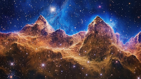 A panoramic view of the Carina Nebula, with its vast expanse of interstellar gas and dust forming intricate and colorful patterns.の素材