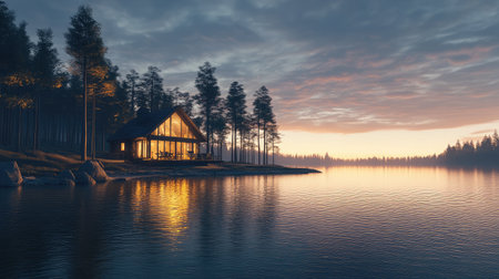 A serene anime-inspired depiction of a lakeside cabin at dusk, with calm waters reflecting the colors of the sunset and a cozy ambiance.の素材