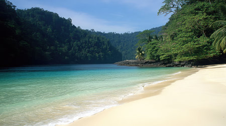 A pristine stretch of white sandy beach bordered by crystal-clear turquoise waters, with lush green palm trees swaying gently in the tropical breeze.の素材