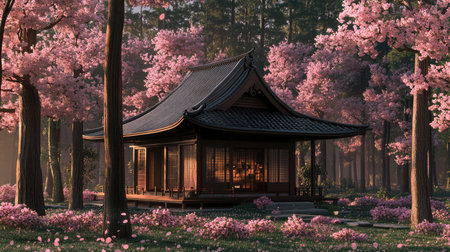 A serene anime-style depiction of a traditional Japanese tea house nestled amidst cherry blossom trees in full bloom, with petals gently falling.の素材