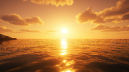 Golden sunlight reflecting off calm ocean waters, with a distant horizon where the sea meets the sky, evoking a sense of endless possibilities.の素材