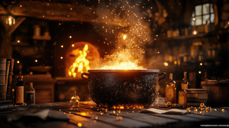 A witches' cauldron bubbling over an open flame in a dimly lit, rustic cabin, with potion bottles and spell books scattered around.の素材