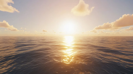 Golden sunlight reflecting off calm ocean waters, with a distant horizon where the sea meets the sky, evoking a sense of endless possibilities.の素材