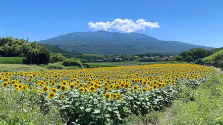 A vibrant field of sunflowers in full bloom under a clear blue sky, their golden petals facing the sun, creating a cheerful and lively atmosphere.の素材