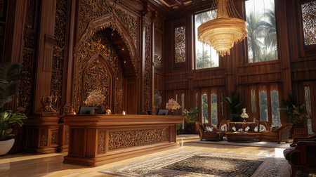 An elegant hotel reception area featuring a wooden front desk with intricate carvings, complemented by a grand chandelier and plush seating in the waiting area.の素材