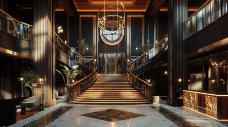 An elegant hotel lobby with Art Deco influences, highlighting geometric patterns, metallic accents, and a grand staircase leading to the upper floors.の素材