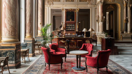 An elegant hotel lobby with Victorian-era decor, showcasing ornate furniture, rich fabrics, and vintage chandeliers for a classic ambiance.の素材