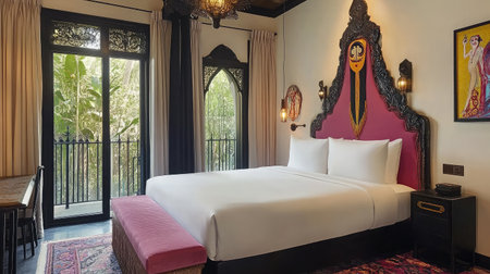 A boutique hotel room featuring a queen-size bed with a unique headboard, artistic decor, and a balcony overlooking a scenic courtyard.の素材