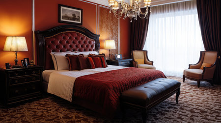 An elegant hotel room with Art Deco influences, highlighting a king-size sleigh bed, mirrored nightstands, and a chandelier casting a soft glow.の素材