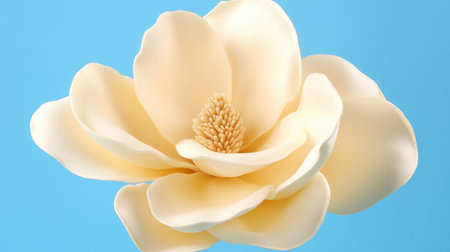 A close-up of a blooming magnolia flower with its large, creamy petals and a subtle fragrance, set against a clear blue sky.の素材