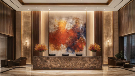 A contemporary hotel reception area with a wooden desk and granite countertop, set against a backdrop of abstract art.の素材