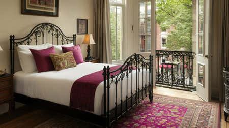 A boutique hotel room featuring a queen-size bed with a wrought iron frame, eclectic decor, and a balcony overlooking a vibrant street market.の素材