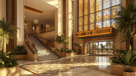 An elegant hotel lobby with Art Deco influences, highlighting geometric patterns, metallic accents, and a grand staircase leading to the upper floors.の素材