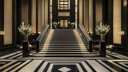 An elegant hotel lobby with Art Deco influences, highlighting geometric patterns, metallic accents, and a grand staircase leading to the upper floors.の素材