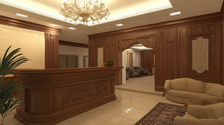An elegant hotel reception area featuring a wooden front desk with intricate carvings, complemented by a grand chandelier and plush seating in the waiting area.の素材