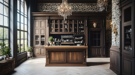 A boutique hotel reception with a vintage wooden desk, complemented by patterned wallpaper and antique chandeliers.の素材