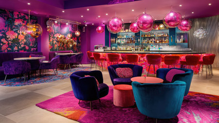 A boutique hotel lobby featuring eclectic decor, vibrant colors, and unique art installations, creating an inviting and artistic atmosphere.の素材