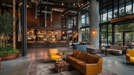 A boutique hotel lobby with a vintage industrial theme, featuring exposed pipes, reclaimed wood furniture, and Edison bulb lighting fixtures.の素材