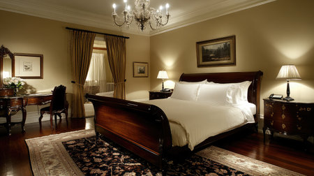 An elegant hotel room with Art Deco influences, highlighting a king-size sleigh bed, mirrored nightstands, and a chandelier casting a soft glow.の素材