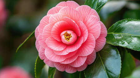 A close-up of a blooming camellia flower with its delicate pink petals and glossy green leaves.の素材