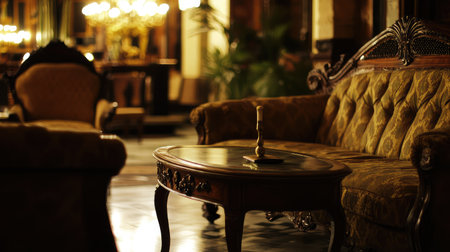 An elegant hotel lobby with Victorian-era decor, showcasing ornate furniture, rich fabrics, and vintage chandeliers for a classic ambiance.の素材