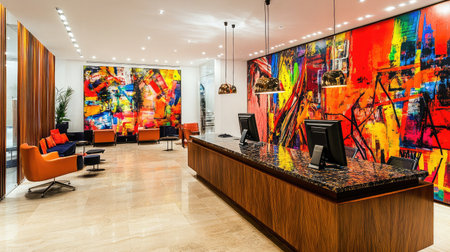 A contemporary hotel reception featuring a wooden desk with a granite countertop, set against a backdrop of abstract art.の素材