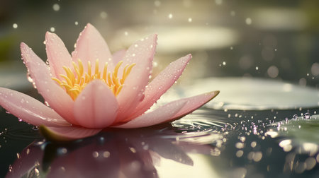 A close-up of a lotus flower emerging from a tranquil pond, its pink petals glistening with morning dew.の素材