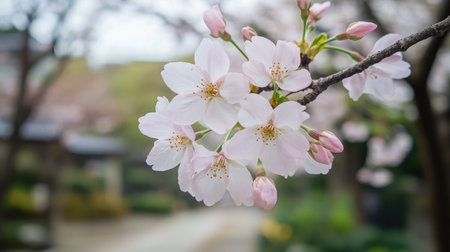 A close-up shot of delicate cherry blossoms with soft pink petals, set against a blurred background of a traditional Japanese garden.の素材