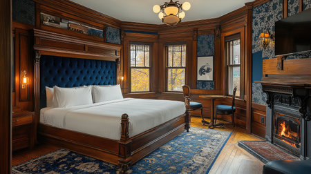 An elegant hotel room with classic decor, featuring a king-size bed with a velvet headboard, antique furniture, and a fireplace adding warmth to the space.の素材