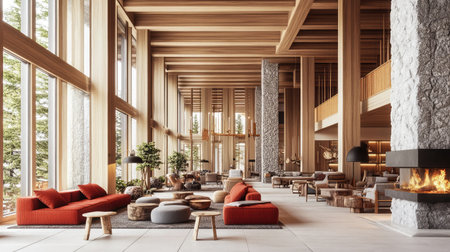 A cozy hotel lobby with a mountain lodge aesthetic, featuring exposed wooden beams, a large stone fireplace, and rustic furnishings creating a warm atmosphere.の素材